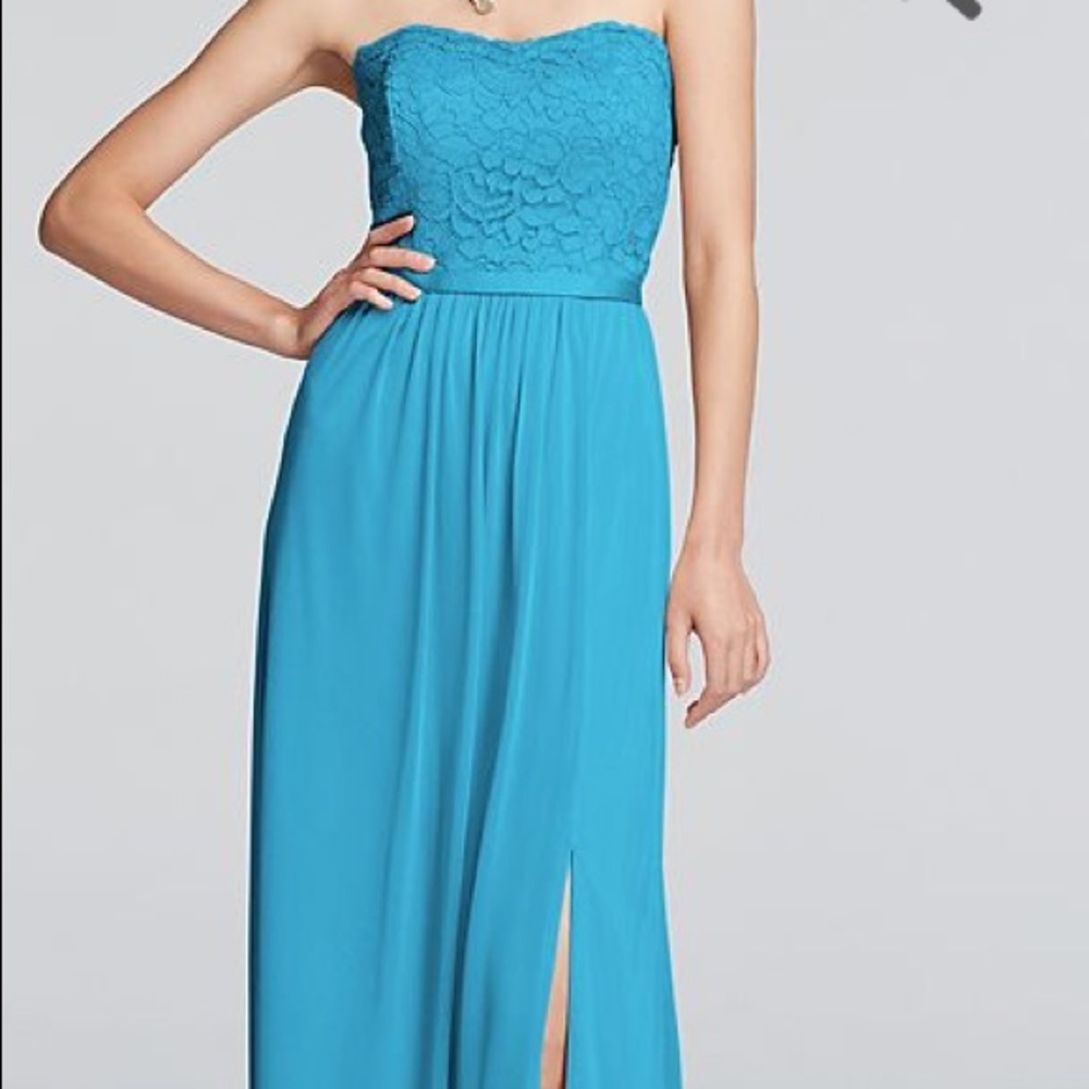 Strapless David’s Bridal Blue Bridesmaid Dress